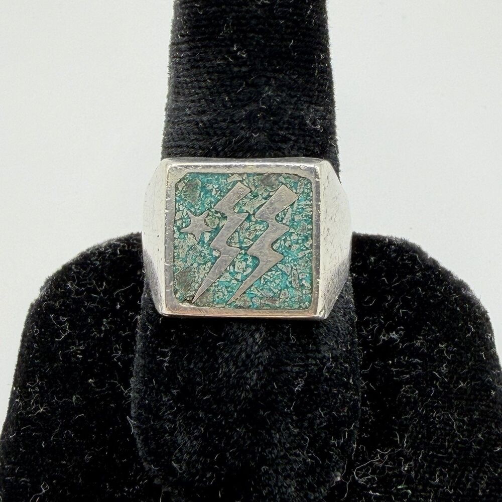 Vintage 925 Sterling Silver Turquoise Chip Inlay Ring Size 8.5 8.3g